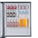 Close-up view of the interior side of the door of the FORNO 31-Inch Refrigerator with Right Hinge in Black, featuring multiple transparent storage bins for beverages, condiments, and small items.