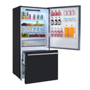 Angled front view of the FORNO 31-Inch Refrigerator with Right Hinge in Black with the door open, showcasing the organized interior layout with adjustable shelves, clear bins, and crisper drawers.