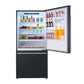 Front view of the FORNO 31-Inch Refrigerator with Right Hinge in Black with the door open, revealing the interior storage shelves, door bins, and crisper drawers.