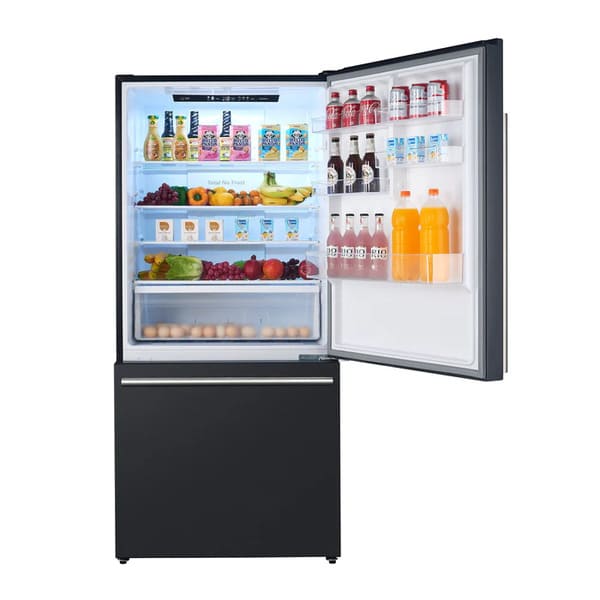 Front view of the FORNO 31-Inch Refrigerator with Right Hinge in Black with the door open, revealing the interior storage shelves, door bins, and crisper drawers.
