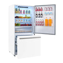  FORNO 31-Inch Right-Hinge Refrigerator in white, front angled view with door open, displaying interior storage including adjustable shelves and clear drawers.