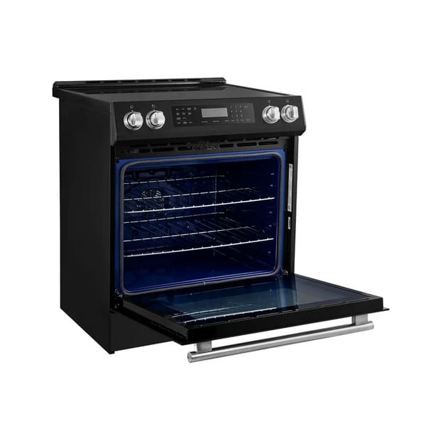 Angled front view of the FORNO 31-Inch Refrigerator with Right Hinge in Black with the door open, showcasing the interior layout with adjustable shelves, clear crisper drawers, and spacious door bins.