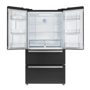 Front view of the FORNO 36-Inch French Door Refrigerator in Black with both doors open, revealing spacious interior compartments, adjustable glass shelves, crisper drawers, and door bins for organized food storage.