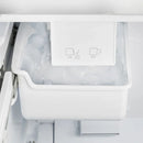 Close-up of the built-in ice maker inside the FORNO 36-Inch French Door Refrigerator in Black, showing the compact ice compartment and storage bin for convenient access to ice cubes.