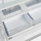 Interior view of the FORNO 36-Inch French Door Refrigerator in White, focusing on the transparent crisper drawers designed for storing fruits and vegetables.