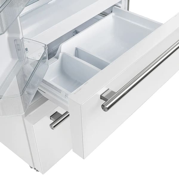 View of the freezer drawers in the FORNO 36-Inch French Door Refrigerator in White, featuring spacious, pull-out compartments for organized frozen food storage.