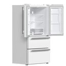 FORNO 36-Inch French Door Refrigerator in White shown with both doors open at an angle, displaying interior shelving, drawers, and ample food storage space.