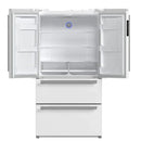 FORNO 36-Inch French Door Refrigerator in White with both French doors open, revealing spacious interior shelving, crispers, and organized storage compartments.
