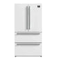 Front view of the FORNO 36-Inch French Door Refrigerator in White, featuring a sleek, minimalist design with smooth panel doors and streamlined handles.