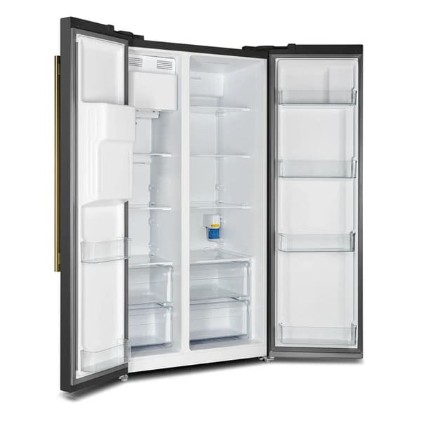 Angled front view of the FORNO 36-Inch Side-by-Side Refrigerator with Water Dispenser in Black with both doors open, highlighting the spacious, well-organized interior with adjustable shelving, crisper drawers, and door bins.