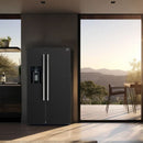 Lifestyle image of the FORNO 36-Inch Side-by-Side Refrigerator with Water Dispenser in Black, integrated into a modern kitchen, showcasing its sleek black finish and built-in dispenser for convenient access to water and ice.