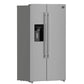 Angled front-left view of the FORNO 36-inch side-by-side refrigerator in stainless steel, highlighting the integrated water dispenser and modern handle design.