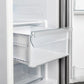 Close-up of the crisper drawer in the FORNO 36-inch side-by-side refrigerator in stainless steel, highlighting its clear front panel and humidity control features.