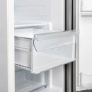 Close-up of the crisper drawer in the FORNO 36-inch side-by-side refrigerator in stainless steel, highlighting its clear front panel and humidity control features.