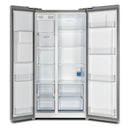 Front view of the FORNO 36-inch side-by-side refrigerator in stainless steel with both doors open, revealing organized interior shelving, door bins, and storage compartments.