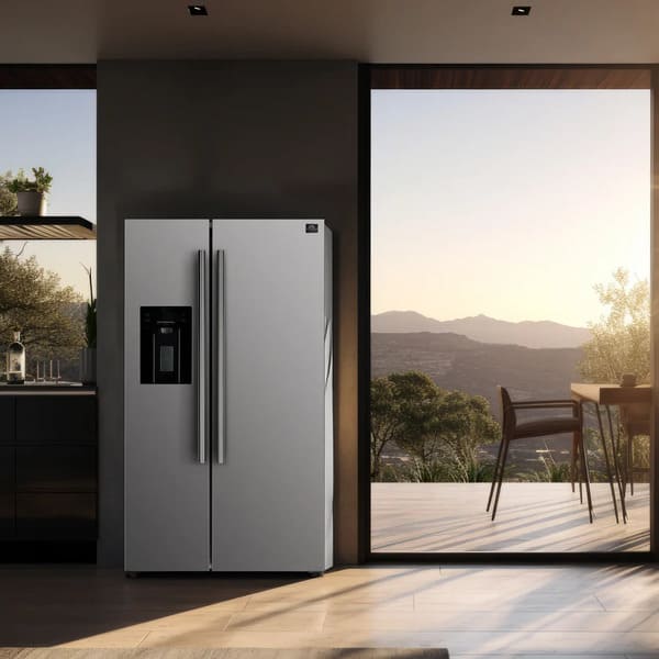 Lifestyle view of FORNO 36-inch side-by-side refrigerator in stainless steel with built-in water dispenser, shown in a modern kitchen setting.