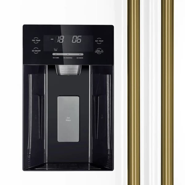 Close-up of the ice maker inside the FORNO 36-Inch Side-by-Side Refrigerator with Water Dispenser in White, showing the ice bin and dispensing mechanism within the freezer compartment.