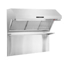 Front left angled view of the FORNO 48-inch wall mount range hood with red light warmer, highlighting the dual infrared heat lamps, stainless steel baffle filters, and sleek angular design that combines powerful ventilation with professional kitchen styling.