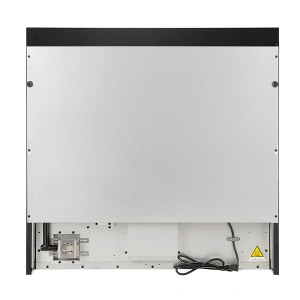 Rear view of the FORNO Antico 36-Inch Gas Range in black, displaying gas and power connections, ventilation components, and a streamlined flat-back design for easy installation.
