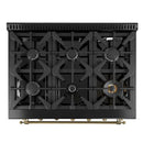 Top-down view of the FORNO Antico 36-Inch Gas Range in black, showcasing six brass burners, heavy-duty cast iron grates, and a sleek black stainless steel cooktop surface.