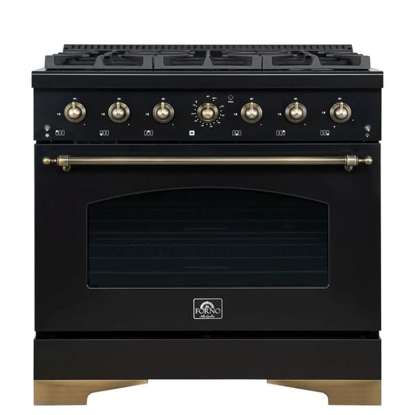 Front view of the FORNO Antico 36-Inch Gas Range in black, showcasing a bold black stainless steel finish, six brass burners, and a spacious single oven with professional-style control knobs.