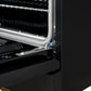 Close-up of the oven door hinges on the FORNO Antico 36-Inch Gas Range in black, highlighting the robust construction and smooth-opening mechanism for reliable, long-term performance.