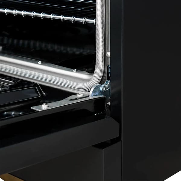Close-up of the oven door hinges on the FORNO Antico 36-Inch Gas Range in black, highlighting the robust construction and smooth-opening mechanism for reliable, long-term performance.