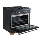 Left-angled front view of the FORNO Antico 36-Inch Gas Range in black with the oven door open, revealing a spacious blue enamel interior, convection fan, and heavy-duty oven racks.