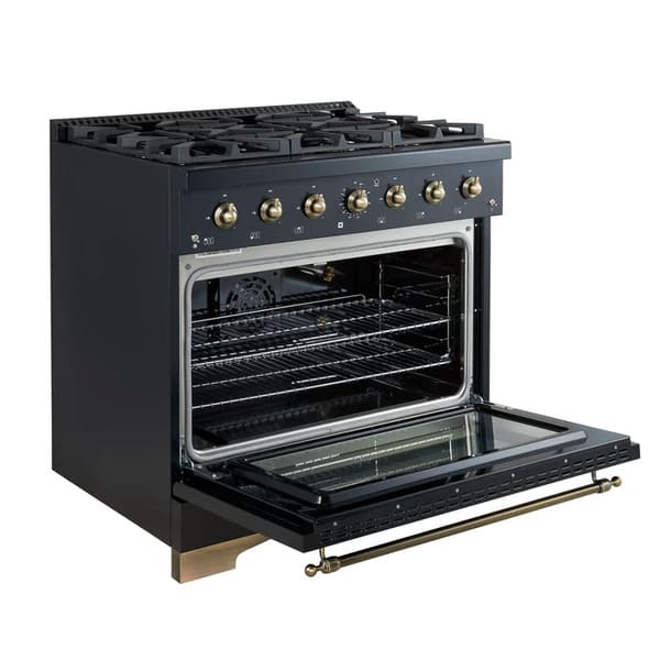 Left-angled front view of the FORNO Antico 36-Inch Gas Range in black with the oven door open, revealing a spacious blue enamel interior, convection fan, and heavy-duty oven racks.