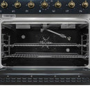 Interior view of the FORNO Antico 36-Inch Gas Range in black, featuring a vibrant blue enamel oven cavity, convection fan, and multiple heavy-duty racks for versatile cooking.