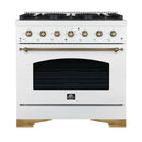 Front view of the FORNO Antico 36-Inch Gas Range in white, showcasing a matte white finish, six brass burners, and a spacious single oven with professional stainless steel control knobs.