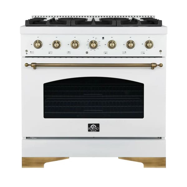 Front view of the FORNO Antico 36-Inch Gas Range in white, showcasing a matte white finish, six brass burners, and a spacious single oven with professional stainless steel control knobs.