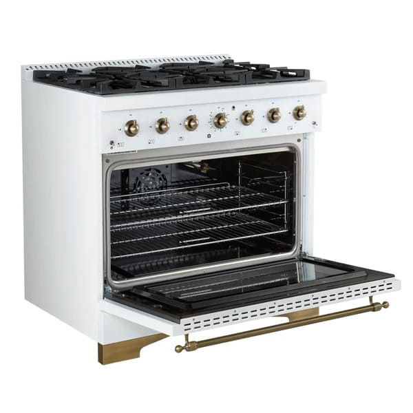 Left-angled front view of the FORNO Antico 36-Inch Gas Range in white with the oven door open, revealing a vibrant blue enamel interior, convection fan, and durable oven racks.