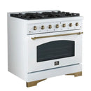 Left-angled front view of the FORNO Antico 36-Inch Gas Range in white, featuring six brass burners, a spacious oven, and a clean matte white finish with stainless steel control knobs.