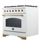 Right-angled front view of the FORNO Antico 36-Inch Gas Range in white, highlighting its matte white finish, six brass burners, and a spacious oven with sleek stainless steel control knobs.