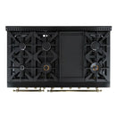 Top-down view of the FORNO Antico 48-Inch Dual Fuel Range in black, highlighting eight brass burners, continuous cast iron grates, and a spacious black stainless steel cooktop.