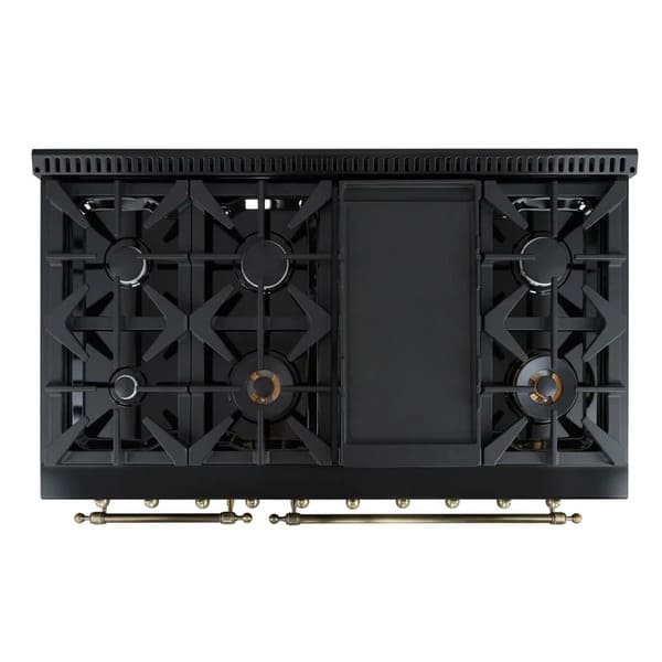 Top-down view of the FORNO Antico 48-Inch Dual Fuel Range in black, highlighting eight brass burners, continuous cast iron grates, and a spacious black stainless steel cooktop.