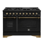 Front view of the FORNO Antico 48-Inch Dual Fuel Range in black, featuring a bold black stainless steel finish, double ovens, and eight brass burners with professional-style control knobs.