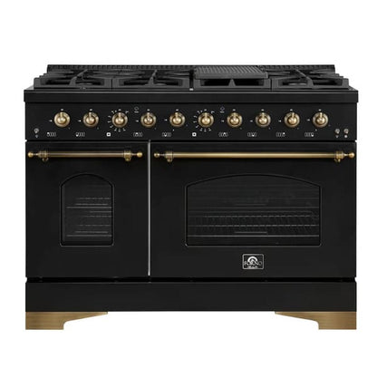 Front view of the FORNO Antico 48-Inch Dual Fuel Range in black, featuring a bold black stainless steel finish, double ovens, and eight brass burners with professional-style control knobs.