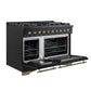 Left-angled front view of the FORNO Antico 48-Inch Dual Fuel Range in black with both oven doors open, revealing spacious blue enamel interiors, convection fans, and heavy-duty racks.