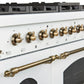 Close-up view of the control knobs on the FORNO Antico 48-Inch Dual Fuel Range in white, featuring polished brass bezels and precision-marked stainless steel knobs set against a sleek control panel.