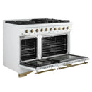 Left-angled front view of the FORNO Antico 48-Inch Dual Fuel Range in white with both oven doors open, revealing spacious blue enamel interiors, convection fans, and heavy-duty racks.