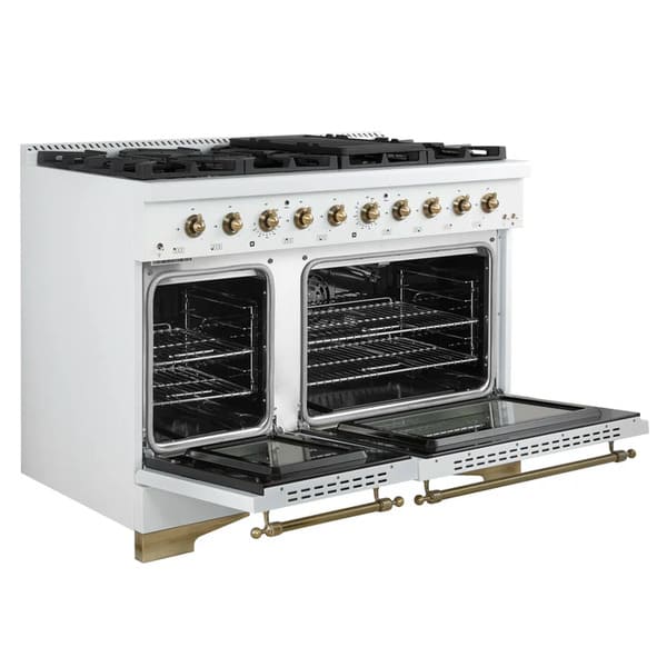 Left-angled front view of the FORNO Antico 48-Inch Dual Fuel Range in white with both oven doors open, revealing spacious blue enamel interiors, convection fans, and heavy-duty racks.