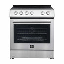 Front view of the FORNO 30-inch electric range in stainless steel, showcasing its smooth cooktop, large oven window, and control knobs.