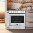 FORNO 30-inch electric range in stainless steel displayed in a modern kitchen setting, highlighting its sleek design, front control knobs, and spacious oven door.