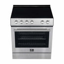 Top view of the FORNO 30-inch electric range in stainless steel, displaying the smooth cooking surface with clearly marked heating zones and front control knobs.