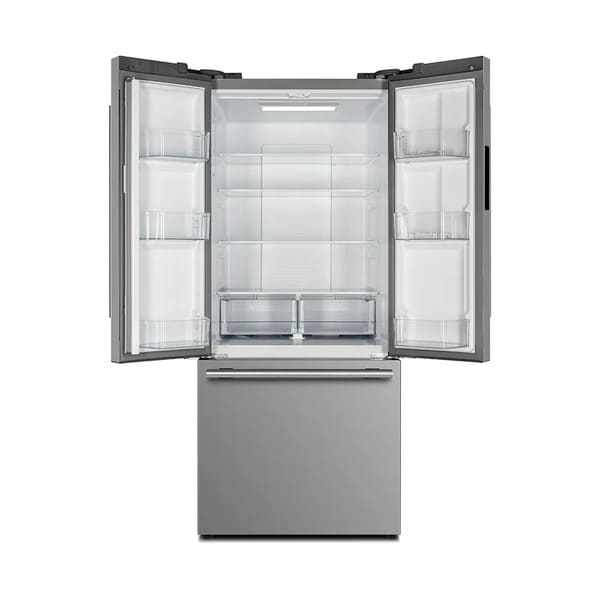 Front view of the FORNO 30-inch French door refrigerator in stainless steel with both doors open, revealing the spacious interior, adjustable shelves, and organized storage compartments.
