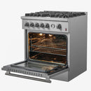 Angled view of the FORNO 30-inch gas range in stainless steel with the oven door open, showing the interior racks and burner controls.