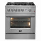 ront view of the FORNO 30-inch gas range in stainless steel, featuring five burners, control knobs, and a large oven door with window.