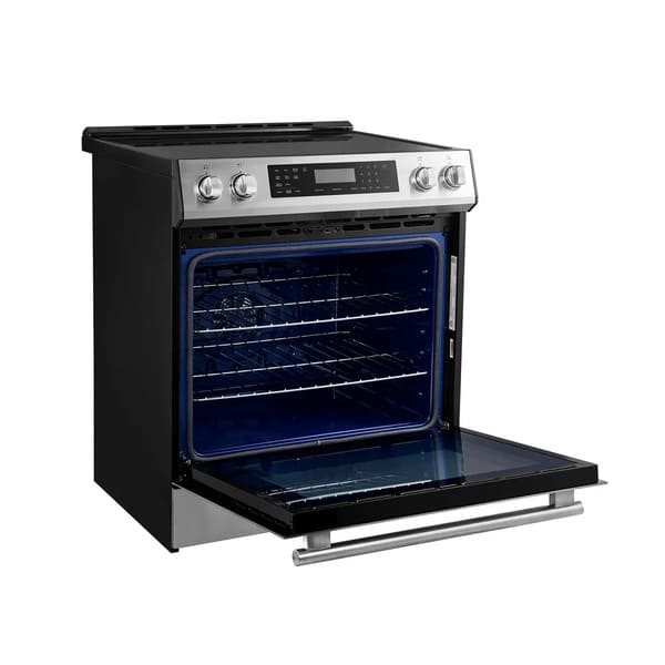 Angled front view of the FORNO 30-inch induction range in stainless steel with the oven door open, revealing interior racks and sleek modern design.